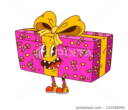 Groovy Christmas gift box character with big smile and yellow bow on head. Funky present mascot in funny sneakers. Pink vector personage with trippy holiday vibe for party invitations 133486092