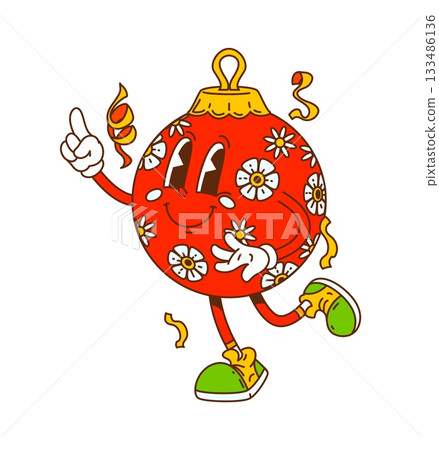 Funky groovy Christmas bauble character with flower decor and cheerful dance moves. Retro vector personage with vintage sneakers and a trippy 1960s vibe confetti. Groovy tree decor mascot Funky groovy Christmas bauble character with flower decor and cheerful dance moves. Retro vector personage with vintage sneakers and a trippy 1960s vibe confetti. Groovy tree decor mascot 133486136