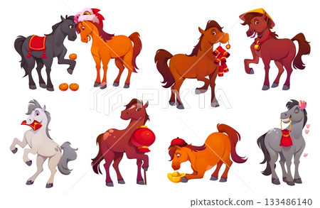 Cartoon horse characters, Chinese lunar new year animal with festive accessories, lantern, coins, orange fruits, money envelope, gold ingot and traditional hats. Vector cute happy zodiac symbols set Cartoon horse characters, Chinese lunar new year animal with festive accessories, lantern, coins, orange fruits, money envelope, gold ingot and traditional hats. Vector cute happy zodiac symbols set 133486140
