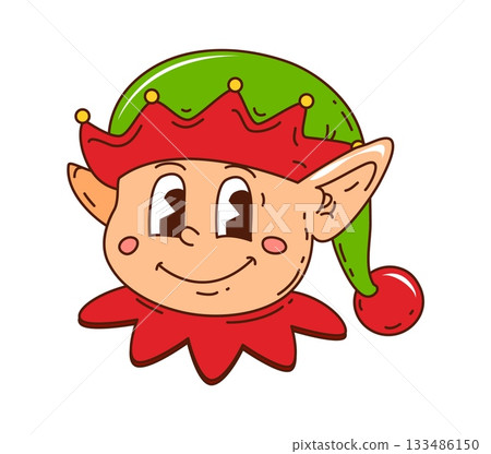 Groovy Christmas elf character with pointy ears and retro 70s costume. Funky elf in green hat with trippy holiday vibe. Funny vector mascot Christmas party and holiday celebrations Groovy Christmas elf character with pointy ears and retro 70s costume. Funky elf in green hat with trippy holiday vibe. Funny vector mascot Christmas party and holiday celebrations 133486150