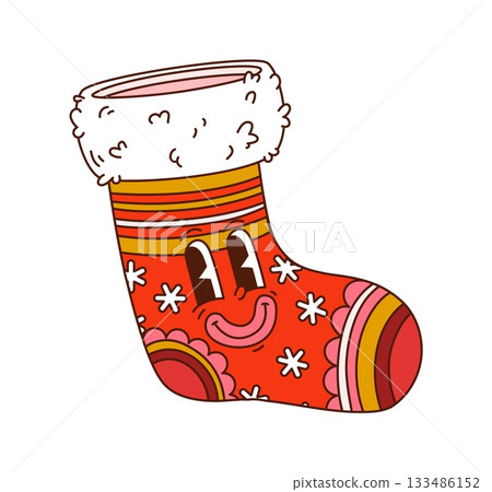 Groovy Christmas stocking character with cheerful face. Funky sock mascot with psychedelic patterns and white fluffy fur. Red vector personage for winter holidays Groovy Christmas stocking character with cheerful face. Funky sock mascot with psychedelic patterns and white fluffy fur. Red vector personage for winter holidays 133486152