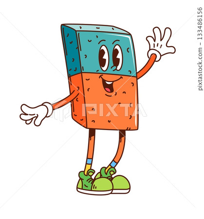 School education stationery eraser groovy vector character. Cartoon eraser mascot divided into orange and blue parts, standing upright with sneakers. Funky personage for school and student 133486156