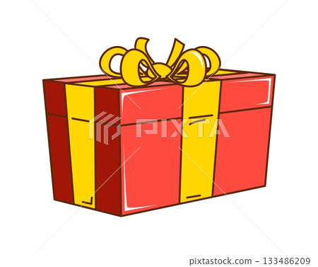 Groovy Christmas red gift box with yellow ribbon bow. Funky retro present with funny comic bow for vintage winter holidays. Vector gift box icon for invitation and Christmas greeting card 133486209