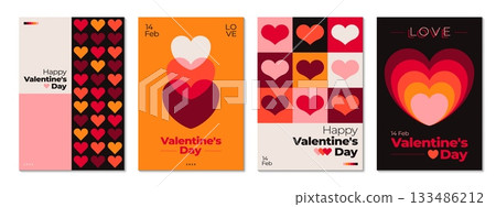 Valentine Day retro posters with vector geometric hearts, abstract shapes and modern typography with festive romantic love mood. Red, pink and orange hearts retro poster layouts, Valentine Day holiday Valentine Day retro posters with vector geometric hearts, abstract shapes and modern typography with festive romantic love mood. Red, pink and orange hearts retro poster layouts, Valentine Day holiday 133486212