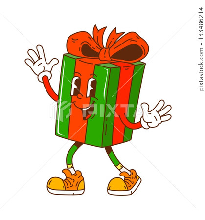 Groovy funky Christmas gift box character with happy smile, red bow and cool yellow sneakers. Retro present mascot with vintage 70s design and comic eyes. Funky vector holiday mascot Groovy funky Christmas gift box character with happy smile, red bow and cool yellow sneakers. Retro present mascot with vintage 70s design and comic eyes. Funky vector holiday mascot 133486214