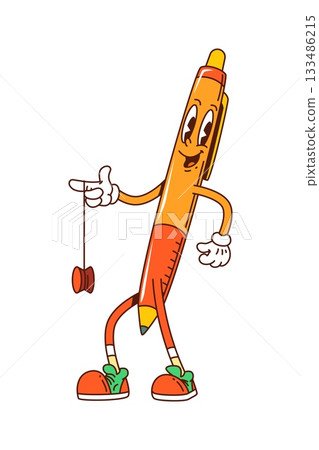 School education stationery groovy pen vector character. Cartoon orange ballpoint pen stands upright with sneakers, playing with a yo yo toy. School education personage with funky 70s vibe School education stationery groovy pen vector character. Cartoon orange ballpoint pen stands upright with sneakers, playing with a yo yo toy. School education personage with funky 70s vibe 133486215
