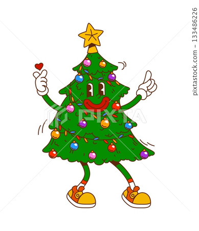 Groovy retro Christmas tree character with garland, colorful baubles and golden star topper. Funky cartoon mascot with happy smiling face and heart in hand. Vector holiday personage for xmas party Groovy retro Christmas tree character with garland, colorful baubles and golden star topper. Funky cartoon mascot with happy smiling face and heart in hand. Vector holiday personage for xmas party 133486226