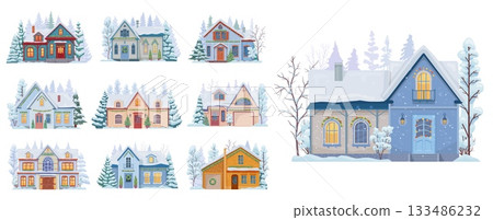 Christmas winter buildings facade exterior. Cozy houses with snowy roofs, pine trees, festive garlands and frosted windows, covered in snow, surrounded by pine trees and festive decorations vector set Christmas winter buildings facade exterior. Cozy houses with snowy roofs, pine trees, festive garlands and frosted windows, covered in snow, surrounded by pine trees and festive decorations vector set 133486232
