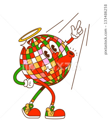 Funky Christmas disco ball character with cheerful smile and golden halo. Groovy vector mascot with mirrors and retro trippy elements for Christmas holiday party 133486258