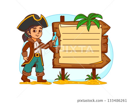 Pirate kids memo note frame with corsair sailor character, cartoon vector message label. Kids memo note sticker or notepad paper sheet with Caribbean pirate boy or girl captain with message in bottle 133486261