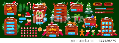 Winter Christmas game interface with vector user panels, buttons and sliders. Cartoon menu frame and shop settings, level selection and restart screens, score counter and victory game interface panels Winter Christmas game interface with vector user panels, buttons and sliders. Cartoon menu frame and shop settings, level selection and restart screens, score counter and victory game interface panels 133486279