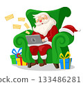 Santa Claus sits in a chair and receives letters on a laptop on a white. Merry christmas 133486281
