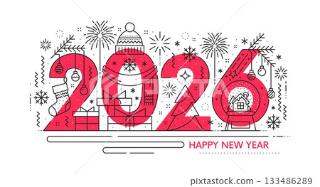 2026 Happy New Year line art greeting card. Vector bold 2026 numbers decorated with winter firework, snowflakes, Christmas ornaments, gift box and snow globe with cozy house for New Year greeting 2026 Happy New Year line art greeting card. Vector bold 2026 numbers decorated with winter firework, snowflakes, Christmas ornaments, gift box and snow globe with cozy house for New Year greeting 133486289