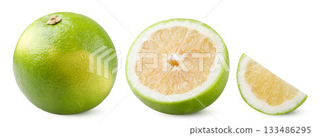 Set of citrus sweetie fruit, half and slice close-up on a white. Isolated Set of citrus sweetie fruit, half and slice close-up on a white. Isolated 133486295