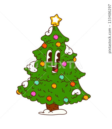 Groovy retro Christmas tree character with happy smiling face, colorful ornaments and golden star topper with funky 70s cartoon vibe. Cool vector holiday evergreen mascot for xmas party 133486297
