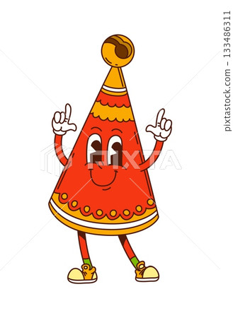 Groovy retro Christmas party hat character with bells and happy smiling face. Red orange funky mascot in yellow sneakers with retro comic 70s vibes. Funny vector personage for Christmas holiday party 133486311