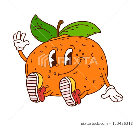 Groovy funky Christmas mandarin character with bright smile waves hello. Cute fruit personage wears stylish yellow sneakers and has festive holiday vibe. Happy vector mascot for seasonal greetings 133486318