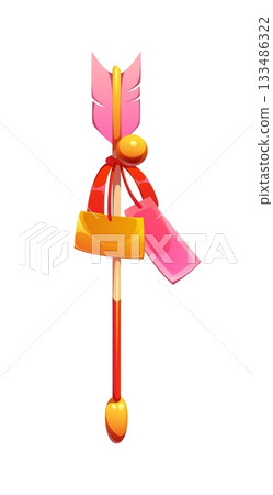 Cartoon traditional Japanese hamaya, ceremonial arrow with a red ribbon, tags and golden decorative accents symbolizing purification, warding off evil. New year element for protection and good fortune 133486322