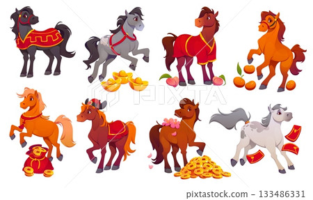 Chinese New Year cartoon horse animal characters, vector CNY holiday, asian lunar calendar personages. Cartoon zodiac fire horse characters with Chinese New Year gift red packets, gold ingots, coins 133486331