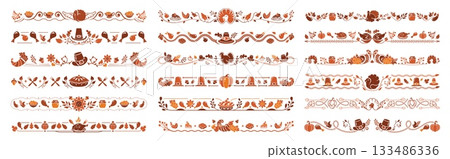 Thanksgiving frame borders and divider separators with autumn leaves, vector roasted turkey and pie. Pumpkins, cornucopia and pilgrim hat with grape and acorn, autumn vegetables, Thanksgiving dividers 133486336