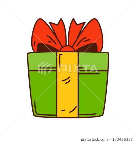 Groovy Christmas gift box in vibrant green with red bow. Funky present with psychedelic 70s vibe. Vector retro box for holiday cards and party invitations Groovy Christmas gift box in vibrant green with red bow. Funky present with psychedelic 70s vibe. Vector retro box for holiday cards and party invitations 133486337
