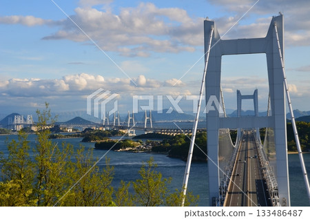 A magnificent view of the blue sky and the Seto Ohashi Bridge A magnificent view of the blue sky and the Seto Ohashi Bridge 133486487