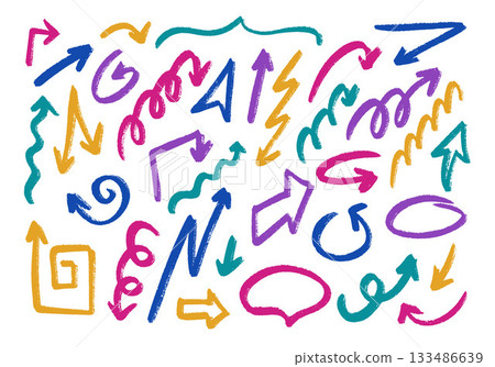 Sketched arrows with rough pencil strokes. Grunge pointers hand drawn with rough paintbrush, marker scribbles. Creative vector set of chalk and crayon arrows with rough scribble lines. Sketched arrows with rough pencil strokes. Grunge pointers hand drawn with rough paintbrush, marker scribbles. Creative vector set of chalk and crayon arrows with rough scribble lines. 133486639