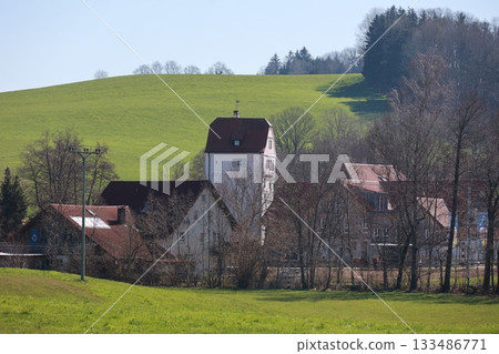 A small town with a few houses and a church 133486771