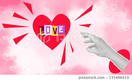 Hand reaches for red heart with word LOVE Hand reaches for red heart with word LOVE 133486819