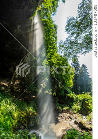 群馬縣田下不動瀑布：陽光下，瀑布後方閃爍著神秘的水光 133487009