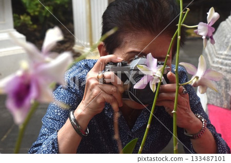 Asian elder woman used film camera shoot pink flower in park 133487101