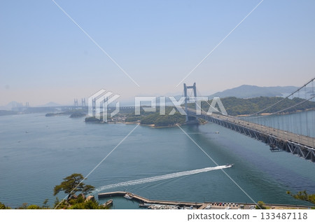 A spectacular panoramic view of the Seto Ohashi Bridge and the Seto Inland Sea, with many beautiful islands A spectacular panoramic view of the Seto Ohashi Bridge and the Seto Inland Sea, with many beautiful islands 133487118