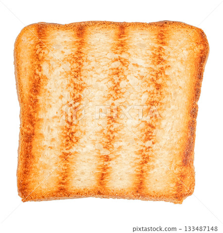 Grilled toast slice isolated on white background, showing golden crispy texture in clean top-view composition 133487148