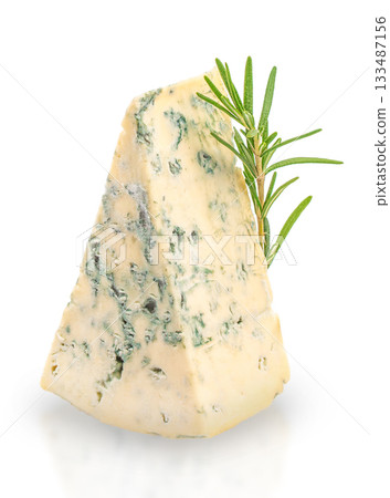 Blue cheese wedge with rosemary on white background 133487156