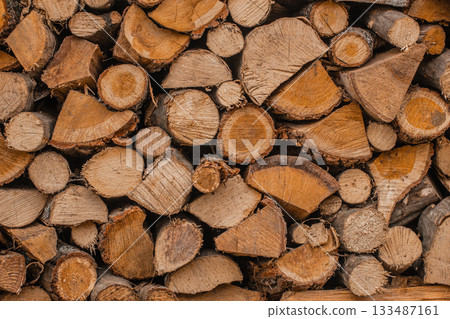 Stack of natural firewood logs in rustic pile 133487161