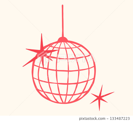 Disco ball with stars. Hand drawn vector doodle illustration. Whimsical mirror ball, party symbol 133487223
