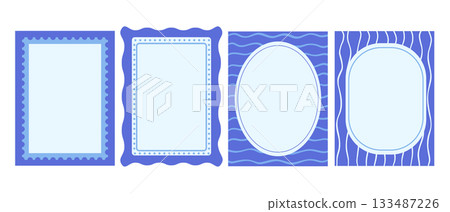 Blue vintage frame, whimsical borders set, vector flat abstract illustrations isolated on white Blue vintage frame, whimsical borders set, vector flat abstract illustrations isolated on white 133487226
