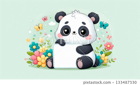 Cute panda sitting and hugging a blank sign, pastel green background 133487330
