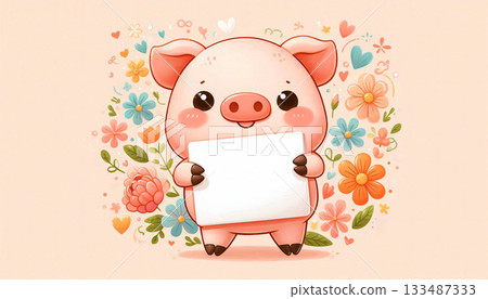 Cute piglet holding a white square sign with both hooves, pastel light peach background. 133487333