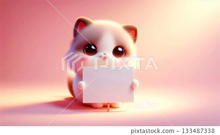 Cute cat holding a blank white sign, pastel pink background, soft shadows. 133487338