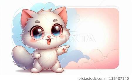 Cute cat pointing to the empty space on the right, pastel background, soft shadows. 133487340