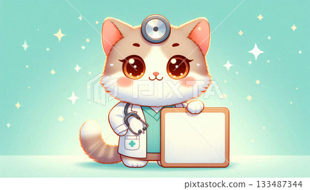 Cute cat wearing a doctor coat holding a blank sign, pastel mint background. 133487344