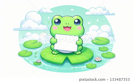Cute frog standing on a lotus leaf holding a message, pastel mint background. 133487353