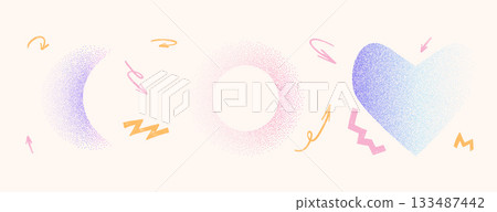 Pastel colors grain gradient heart, moon shapes. Y2k retro stippling crescent, ring forms set. Heart, round halo icons on beige background. Vector pink, blue and purple dissolved illustration isolated 133487442