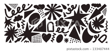 Hand-drawn abstract geometric doodle shapes. Silhouette geometry figures, stars, arrow elements. Doodle collage paper stickers. Vector triangles, heart graphics, scribbles for modern collage art no bg 133487444