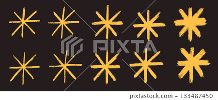 Asterisk star yellow icon shapes. Irregular snowflakes elements set. Abstract chalk drawn stars collection. Uneven ink brush snow flakes. Simple twinkle markers handmade symbols. Vector illustration Asterisk star yellow icon shapes. Irregular snowflakes elements set. Abstract chalk drawn stars collection. Uneven ink brush snow flakes. Simple twinkle markers handmade symbols. Vector illustration 133487450