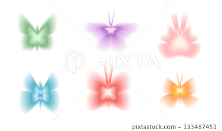 Colorful y2k butterflies icons with gradient blur and vivid aura effect. Pink, green, and purple insect symbols for summer design. Vector set of minimal butterfly shapes isolated on white background 133487451