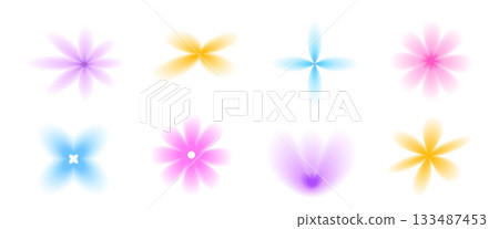 Simple flowers gradient y2k icon figures. Blur aura gradation floral shapes. Simple daisy iridescent transparent forms. Vector blend smooth dissolved elements collection isolated no background 133487453