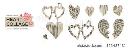 Heart paper cutout set for scrapbook and love themes. Collage stickers icons and locket for valentine projects with a torn or cut element. Beige couple or bachelorette design. Vector illustration 133487481