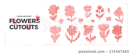 Flowers cutout pink set. Scrapbook naive floral elements. Pink collage daisy, poppy, tulip and wildflower shapes. Scrap doodles with handmade texture. Vector naive plants collages diy figures isolated 133487483